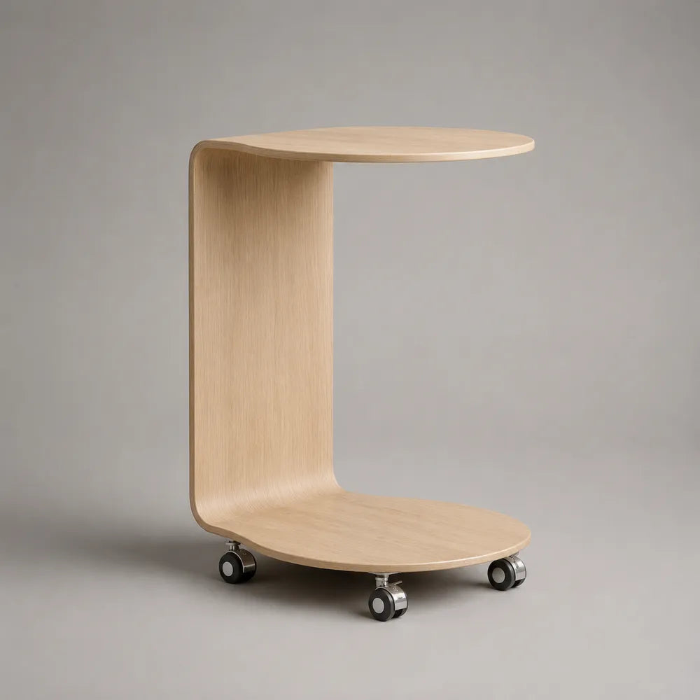 Tavolino da caffè con ruote in MDF effetto rovere chiaro struttura curva a C 70x40x65 cm