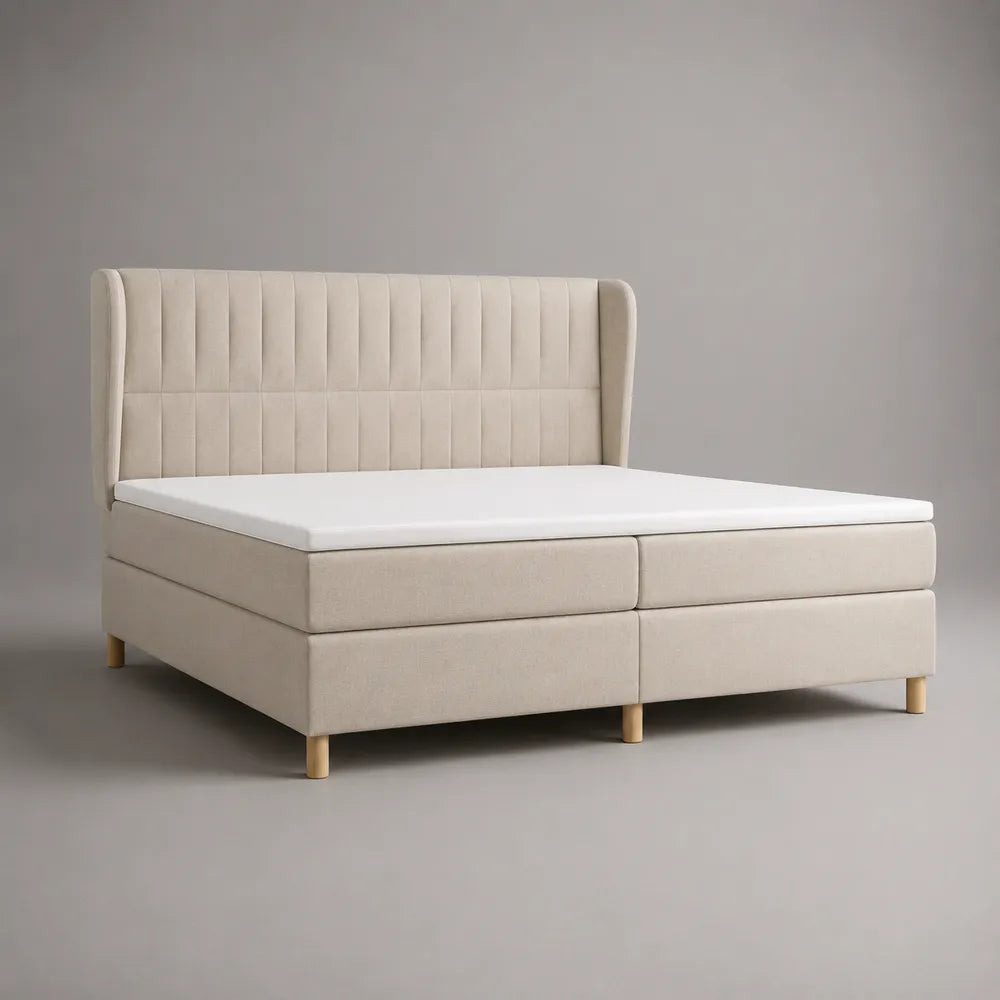 Letto matrimoniale 180 x 200 cm beige con testiera imbottita in tessuto poliestere e gambe in legno
