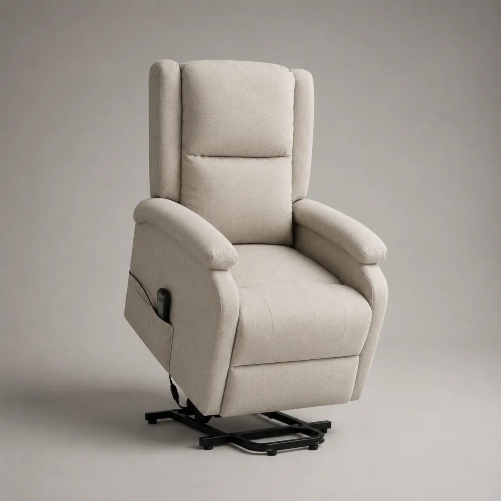 Poltrona relax reclinabile elettrica in tessuto beige con poggiapiedi e base in acciaio 75 x 90 x 105 cm