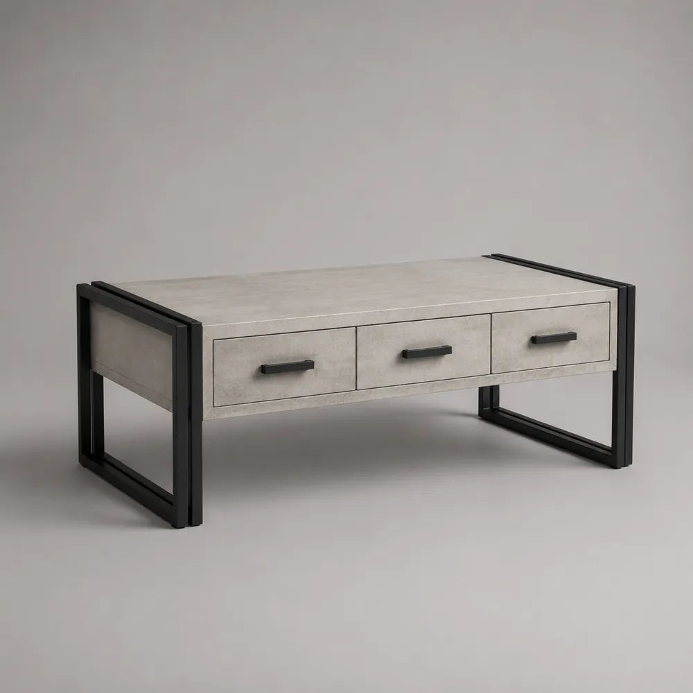 Tavolino da caffè rettangolare con 3 cassetti in MDF effetto cemento e struttura in acciaio nero 120x60x45 cm