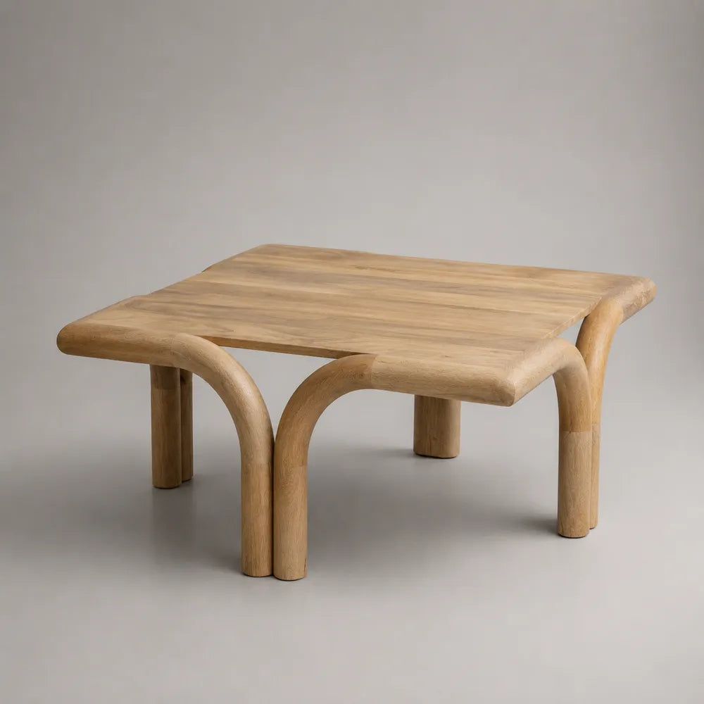 Tavolino da caffè quadrato in legno massello beige naturale con gambe curve 90x90x45 cm