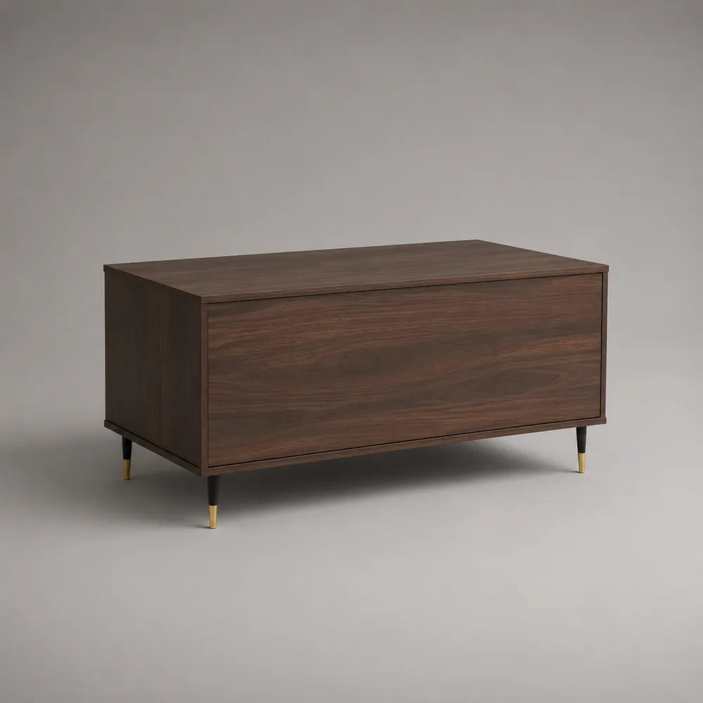 Tavolino da caffè rettangolare con vano contenitore in MDF effetto noce e gambe in acciaio nero oro 120x60x45 cm