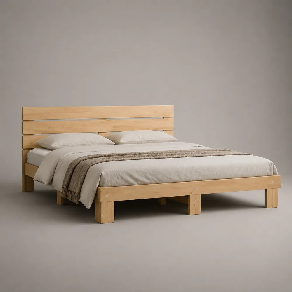 Letto matrimoniale 160 x 200 cm in legno effetto rovere naturale con testiera a doghe orizzontali