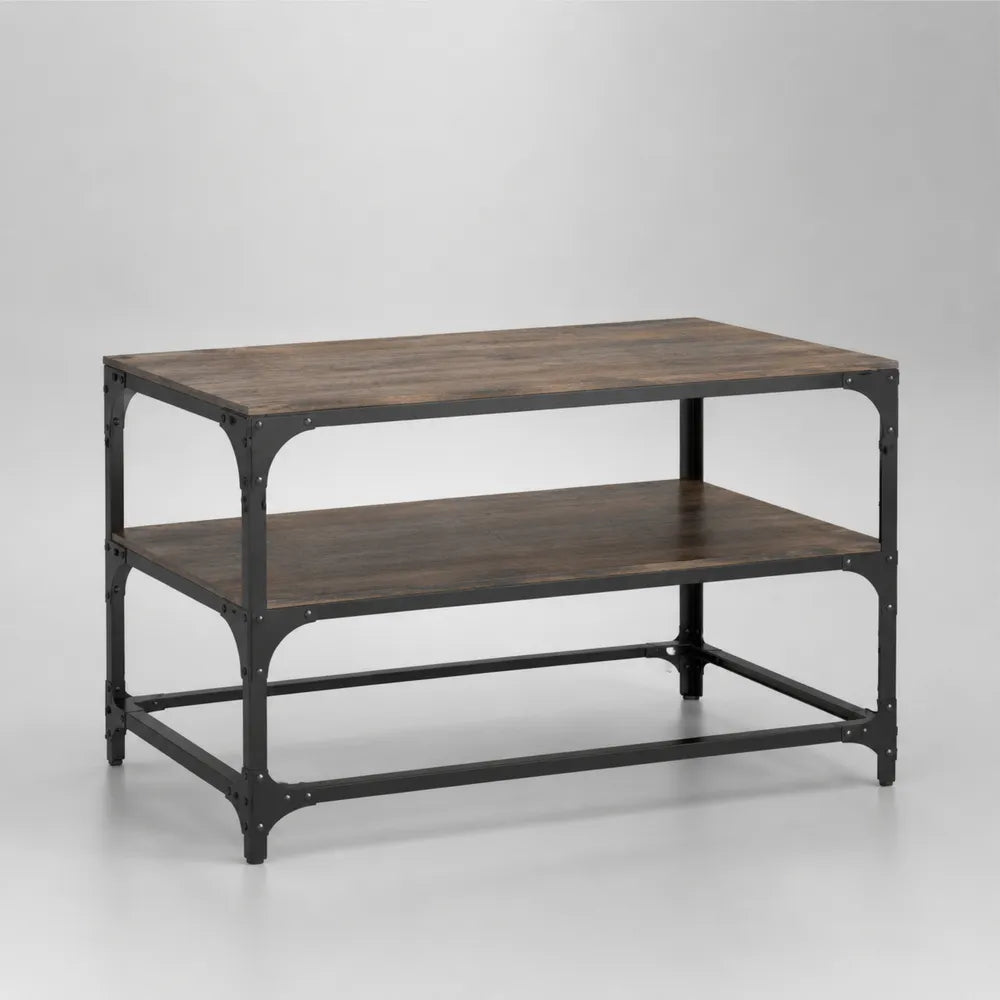 Tavolino da caffè rettangolare in MDF effetto legno scuro con struttura in acciaio nero e ripiano inferiore 120x60x45 cm
