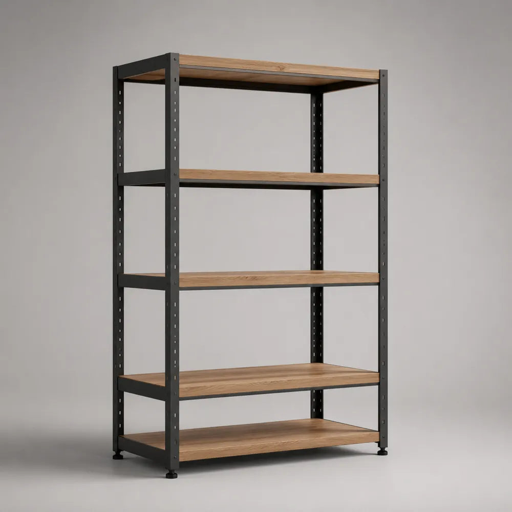 Scaffale in acciaio nero con ripiani MDF effetto legno 120 x 40 x 180 cm