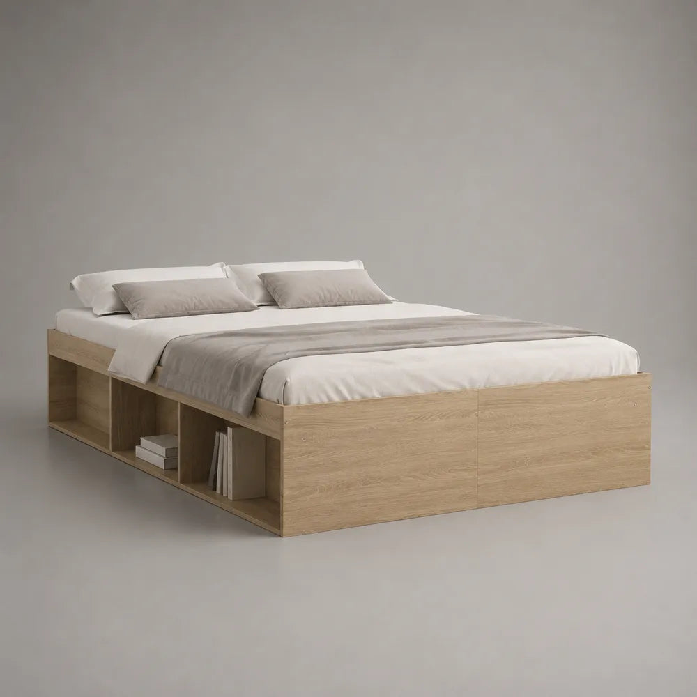 Letto matrimoniale contenitore in MDF effetto rovere chiaro con vani laterali aperti rettangolare 160 x 200 cm