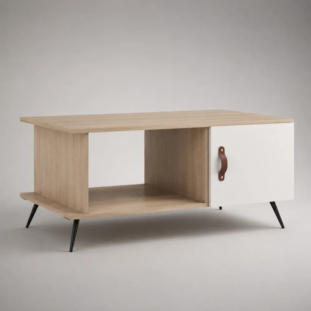 Tavolino da caffè rettangolare in MDF effetto rovere con anta contenitore e gambe in acciaio nero 120x60x45 cm