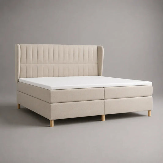 Letto matrimoniale 180 x 200 cm beige con testiera imbottita in tessuto poliestere e gambe in legno