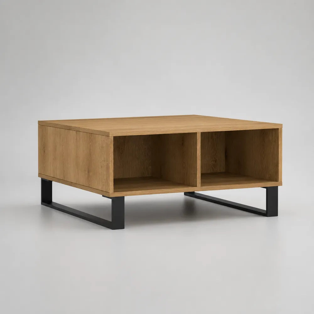 Tavolino da caffè in MDF effetto rovere chiaro con vani aperti e gambe in acciaio nero 120 x 60 x 40 cm