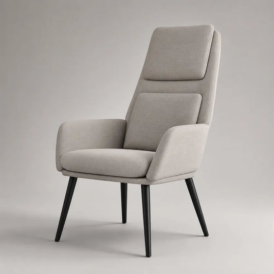 Poltrona imbottita con schienale alto e braccioli in tessuto grigio gambe in acciaio nero 75x80x105 cm