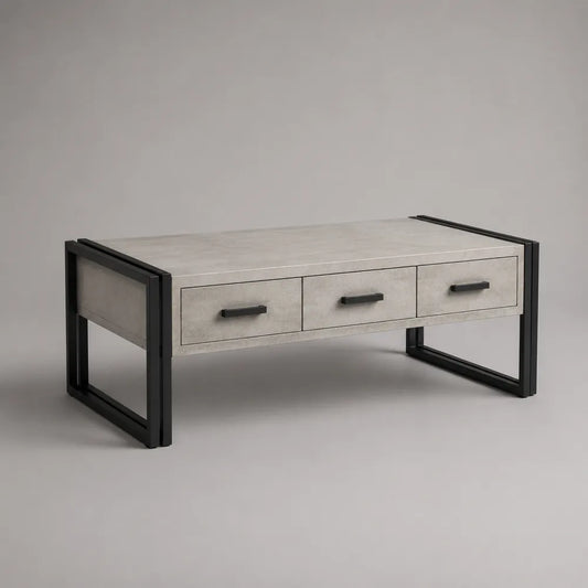 Tavolino da caffè rettangolare con 3 cassetti in MDF effetto cemento e struttura in acciaio nero 120x60x45 cm