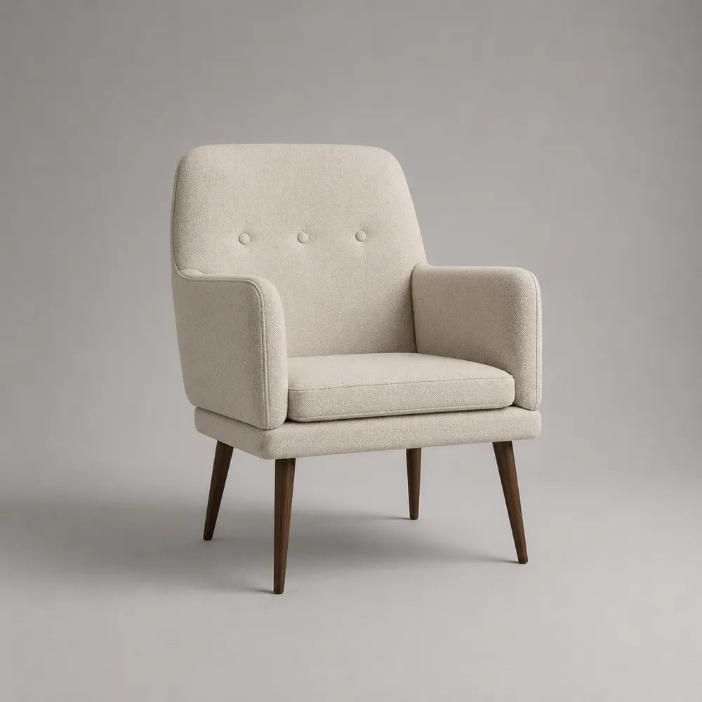 Poltrona imbottita rettangolare in tessuto poliestere beige con gambe in legno marrone 75 x 80 x 90 cm