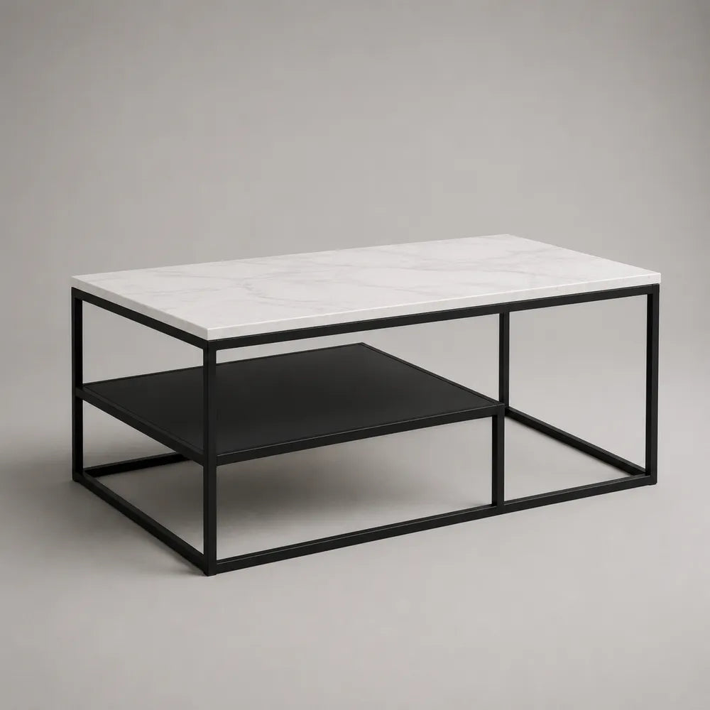 Tavolino da caffè in acciaio nero con piano effetto marmo bianco e ripiano inferiore 120 x 60 x 40 cm