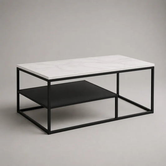 Tavolino da caffè in acciaio nero con piano effetto marmo bianco e ripiano inferiore 120 x 60 x 40 cm