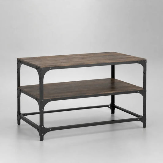 Tavolino da caffè rettangolare in MDF effetto legno scuro con struttura in acciaio nero e ripiano inferiore 120x60x45 cm