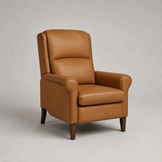 Poltrona imbottita con braccioli in pelle PU marrone e gambe in legno massello 75x85x100 cm