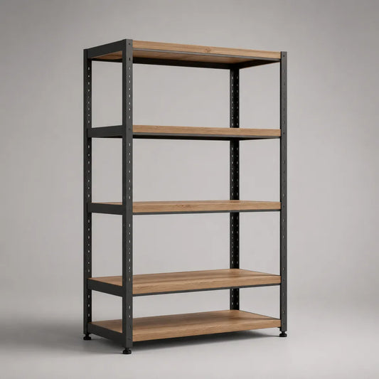 Scaffale in acciaio nero con ripiani MDF effetto legno 120 x 40 x 180 cm