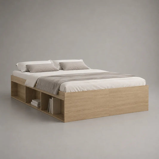 Letto matrimoniale contenitore in MDF effetto rovere chiaro con vani laterali aperti rettangolare 160 x 200 cm