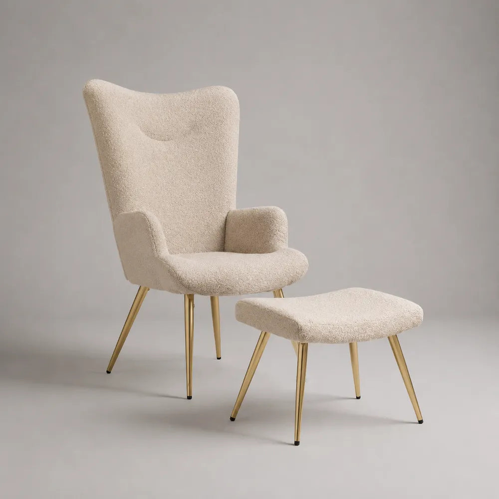Poltrona imbottita con pouf in tessuto beige effetto bouclé e gambe in acciaio dorato set 2 pezzi 75 x 80 x 105 cm