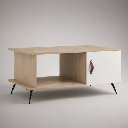 Tavolino da caffè rettangolare in MDF effetto rovere con anta contenitore e gambe in acciaio nero 120x60x45 cm