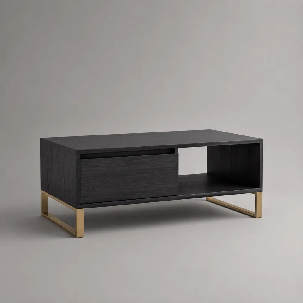 Tavolino da caffè rettangolare in MDF nero con cassetto vano aperto e gambe in acciaio oro 120x60x45 cm