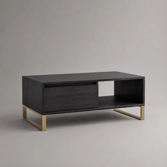 Tavolino da caffè rettangolare in MDF nero con cassetto vano aperto e gambe in acciaio oro 120x60x45 cm