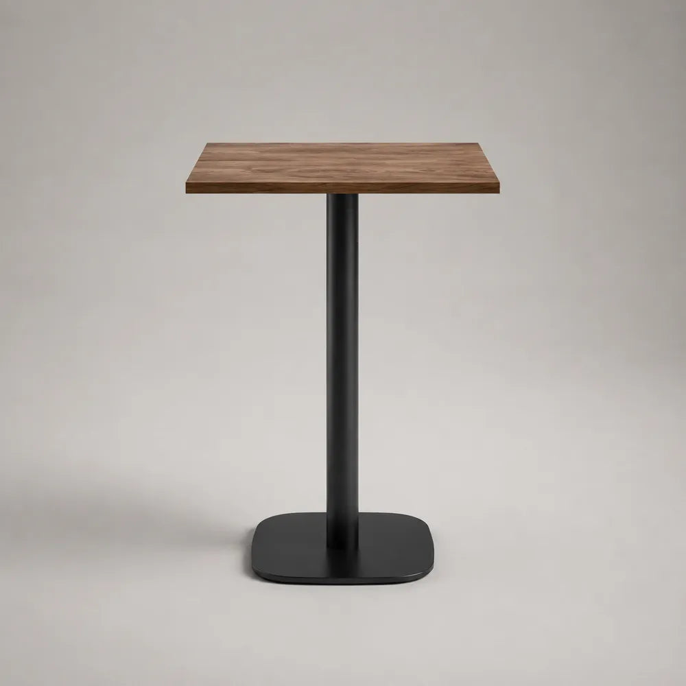Tavolo bar alto quadrato con piano effetto legno marrone e base in acciaio nero 60 x 60 x 105 cm