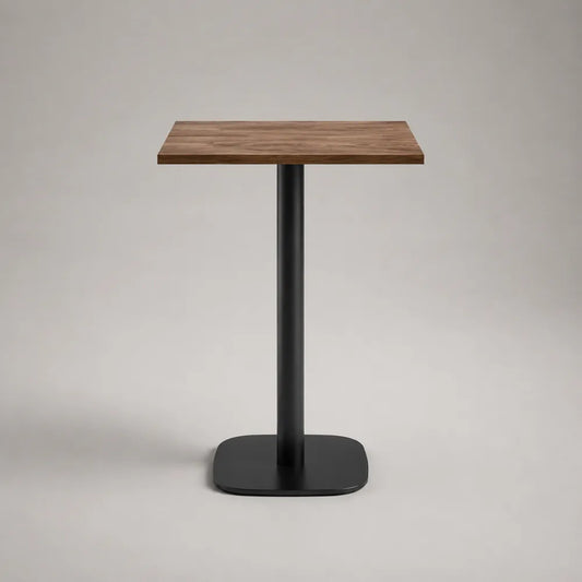 Tavolo bar alto quadrato con piano effetto legno marrone e base in acciaio nero 60 x 60 x 105 cm