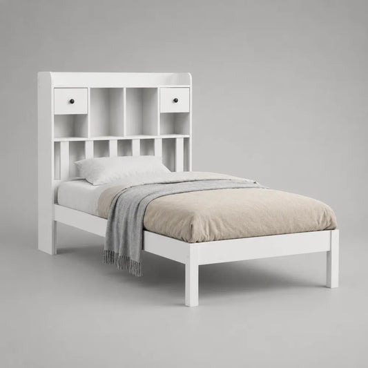 Letto singolo in MDF bianco con testiera libreria integrata e cassetti laterali 90 x 200 cm